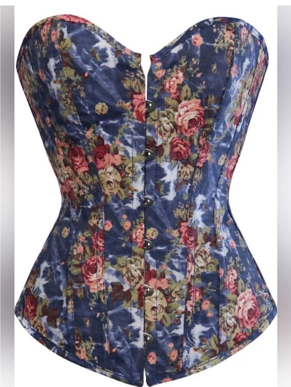 Floral Denim Corset Top in Navy Blue - Picture 2 of 6